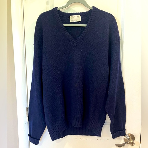 100% Shetland Wool THE MOORS Sweater by Lord Jeff Vintage 80’s Sz L Navy Blue - Picture 1 of 14